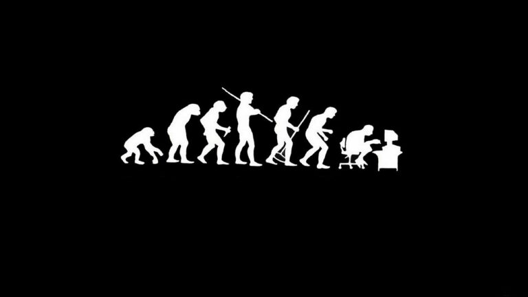 "Gráfico de la evolución humana que termina con una persona utilizando una computadora, utilizado como representación del desarrollo tecnológico."
