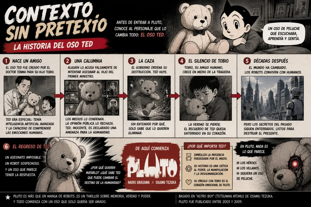 Infografía elaborada para el artículo "¿Puede fabricarse una guerra?" que resume el origen y el papel narrativo del oso Ted dentro del manga Pluto de Naoki Urasawa, basado en Astro Boy de Osamu Tezuka.