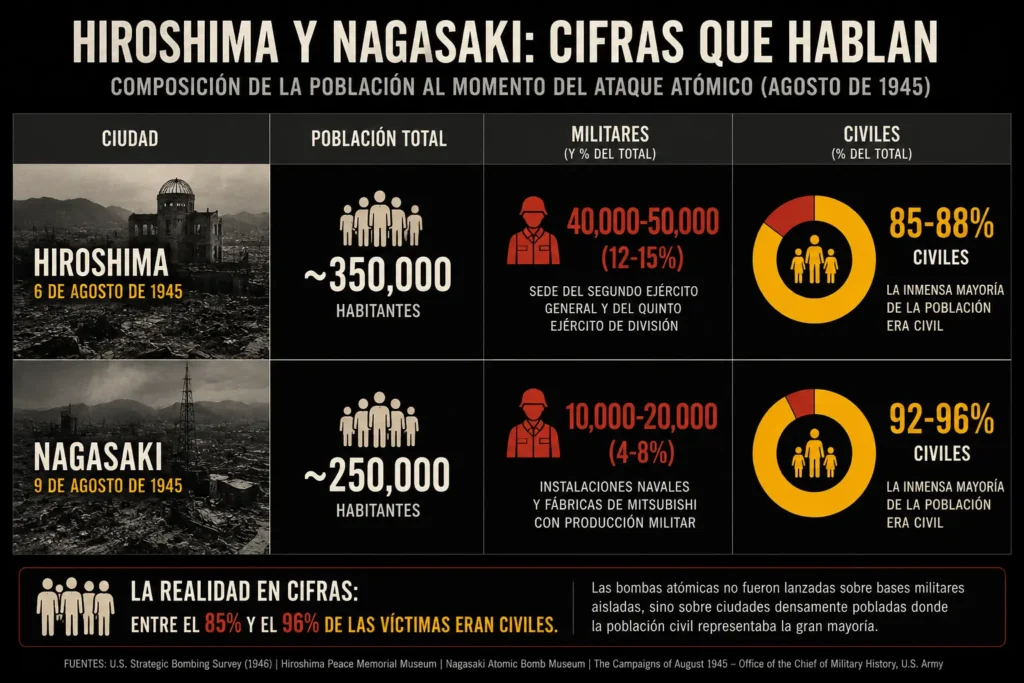 Infografía con cifras de población civil y militar en Hiroshima y Nagasaki durante los bombardeos atómicos de agosto de 1945.