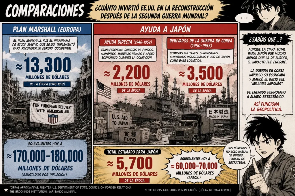 Infografía que compara el Plan Marshall en Europa con la ayuda económica y estratégica que Estados Unidos destinó a Japón tras la Segunda Guerra Mundial.