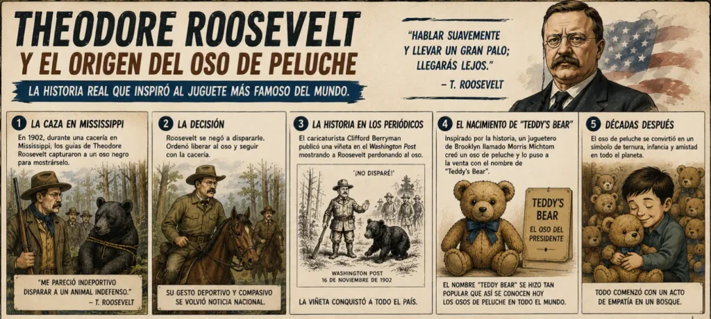 Infografía que explica el origen del oso de peluche Teddy a partir del incidente de caza protagonizado por Theodore Roosevelt en 1902, mostrando cómo el hecho inspiró el juguete y su posterior popularización mundial.
