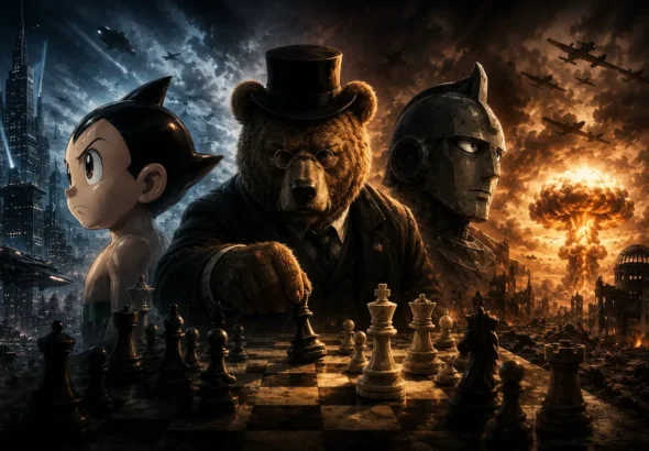 Ilustración conceptual de un oso de peluche moviendo piezas de ajedrez entre Astro Boy, un robot gigante y un paisaje dividido entre una ciudad futurista y las ruinas de una guerra nuclear.