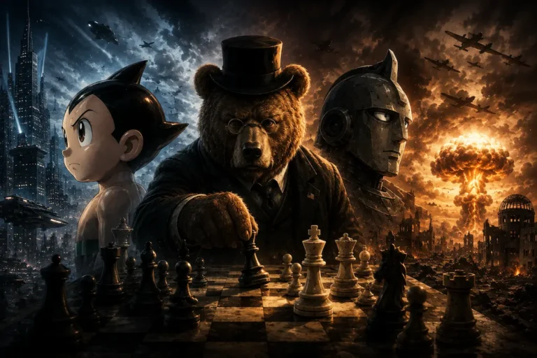 Ilustración conceptual de un oso de peluche moviendo piezas de ajedrez entre Astro Boy, un robot gigante y un paisaje dividido entre una ciudad futurista y las ruinas de una guerra nuclear.